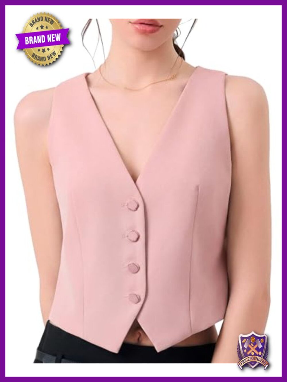 Women's Cropped Vest Top V Neck Sleeveless Button Front Business Casual